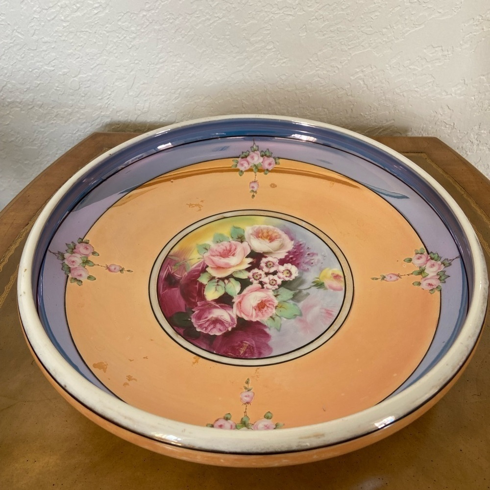 Vintage Noritake Hand Painted Lusterware Large Shallow Bowl Peach Blue Floral - Picture 2 of 9